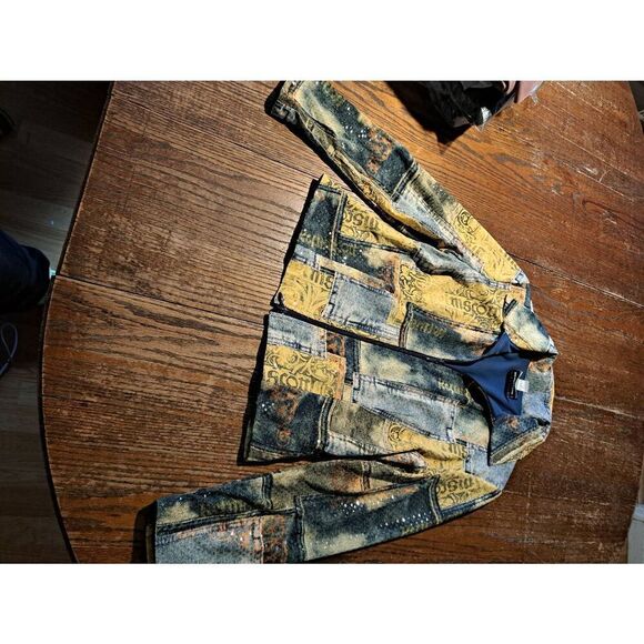 Size 8 Joseph Ribkoff Long Sleeve Zip Faux Denim Shirt Jacket Blue Yellow Orange - Picture 1 of 8